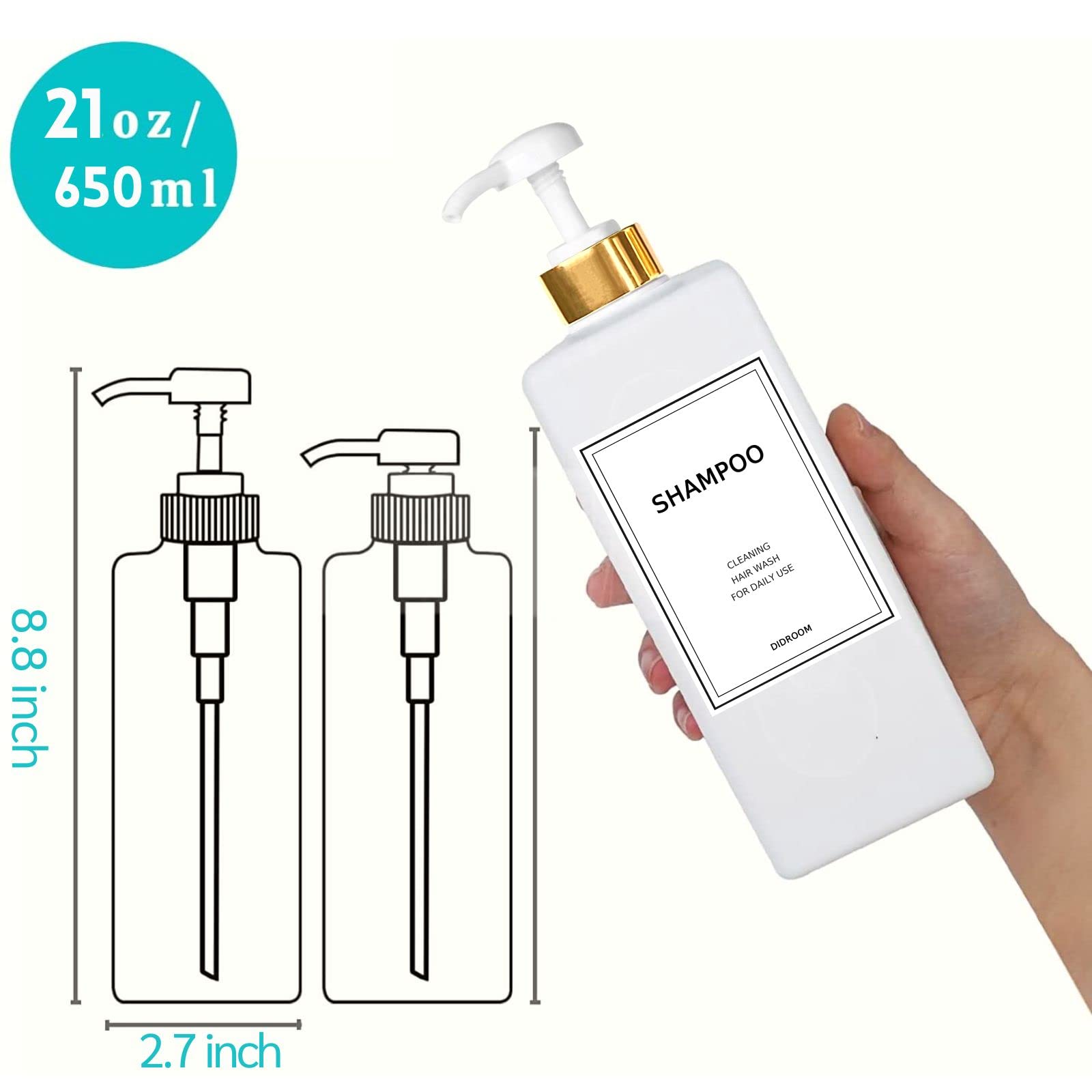 Modern Silver Shampoo and Conditioner Dispenser (21 oz, Pack of 3) Refillable Pump Bottle Set Empty Shower Plastic Bottles with Pump for Bathroom Body Wash Soap and Shower (Gold)