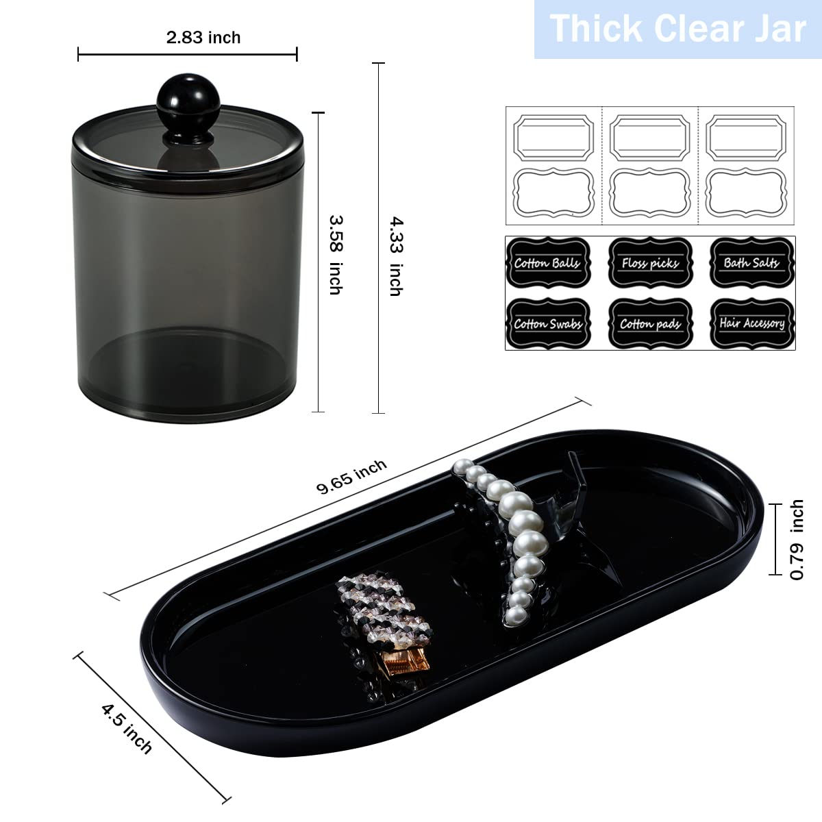 SheeChung 3 PCS Qtip Holder Bathroom Set with Tray, Acrylic Apothecary Jars
