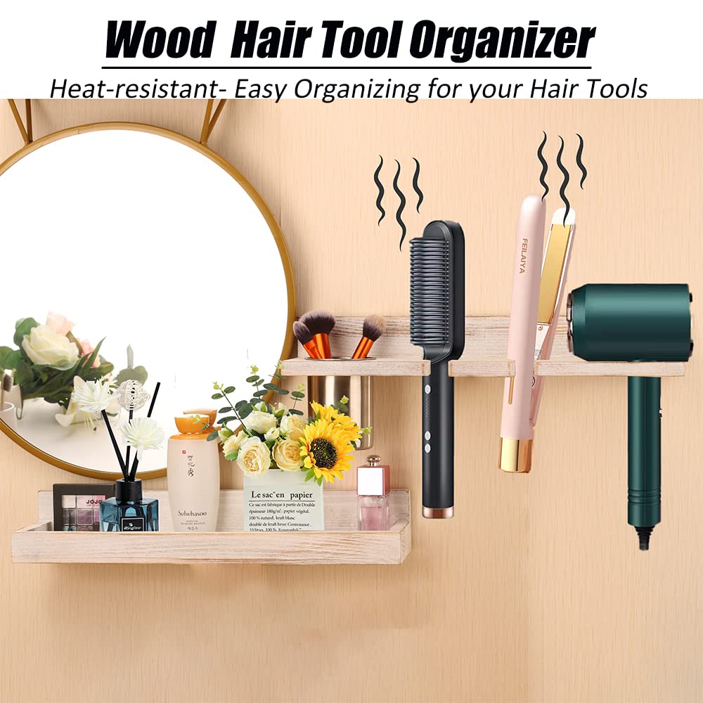 Wall Mount Hair Tool Organizer, 2 Tier Rustic Wooden Blow Dryer Holder
