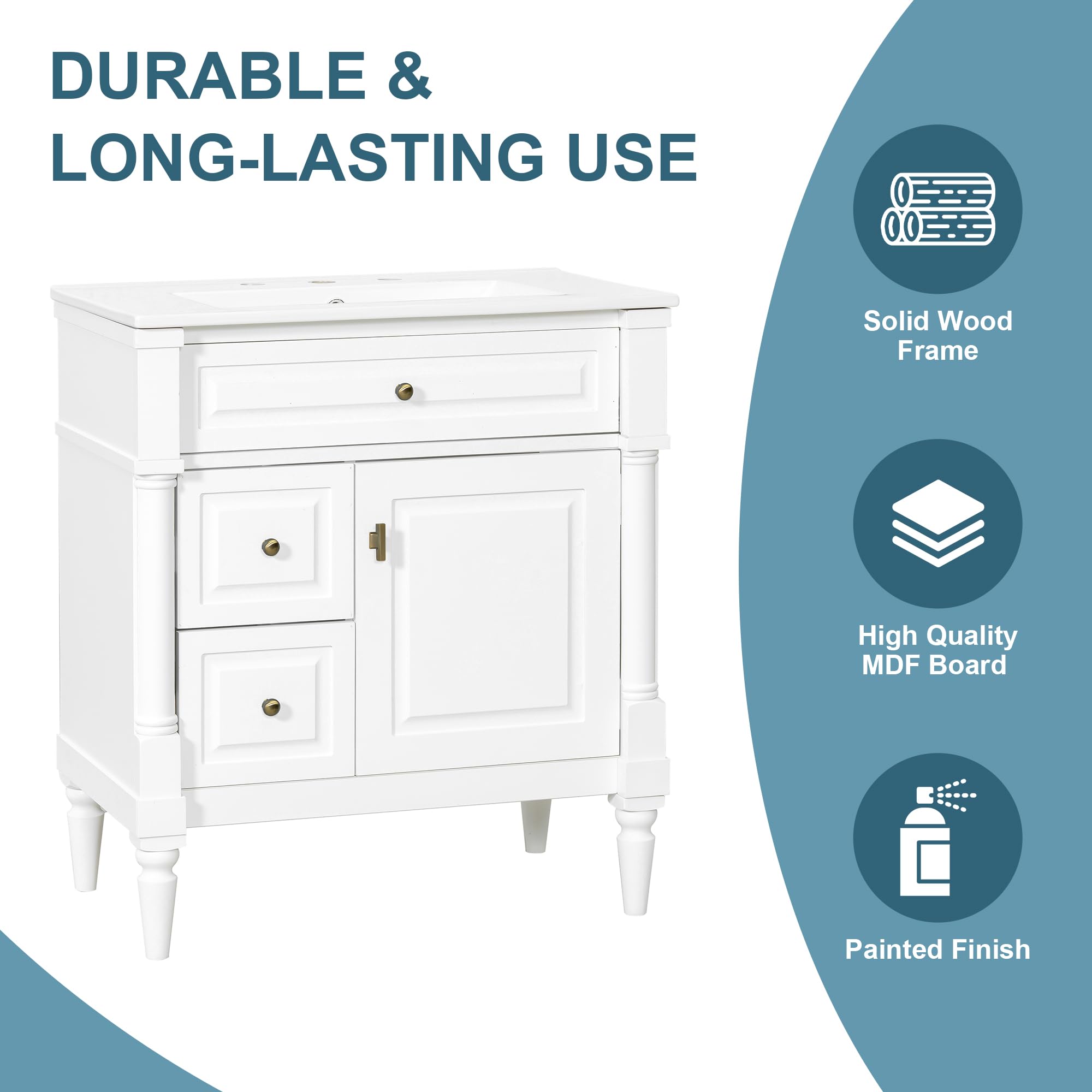 Harper & Bright Designs 30" Bathroom Vanity with Sink, Free Standing Bathroom Vanity Set with Flip Drawer, 2 Drawers, and Adjustable Shelf, Wood Storage Cabinet with Ceramic Basin for Bathroom, White