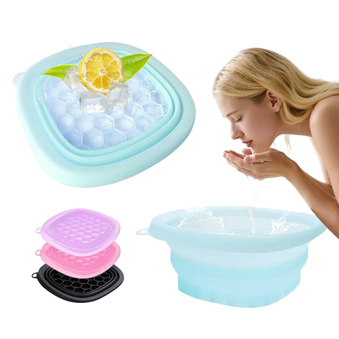 EBIGIC Face Bowl for Ice with Built-in IceTray,Collapsible Silicone Face Ice Bowl – Cold Plunge Therapy for Skin Tightening & Facial Treatment– Portable Spa Tool for Home & Travel（Blue)
