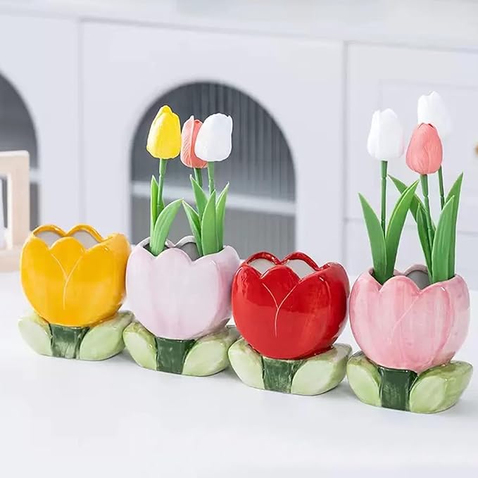 ESIW Ceramic Tulip Cosmetic Storage Box, Desktop Organizers Make Up Brush Storage Stand Desktop Storage Box for Brush,Pencil,Art Supplies, Painting Brush (Pink)
