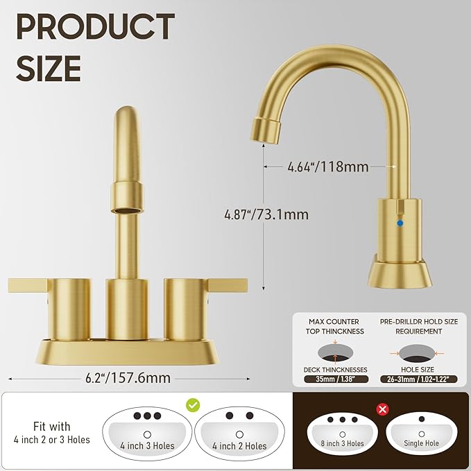 Brushed Gold 4 Inch 2 Handle Centerset Lead-Free Bathroom Faucet, Swivel Spout with Copper Pop Up Drain and 2 Water Supply Lines, BF015-1-BG