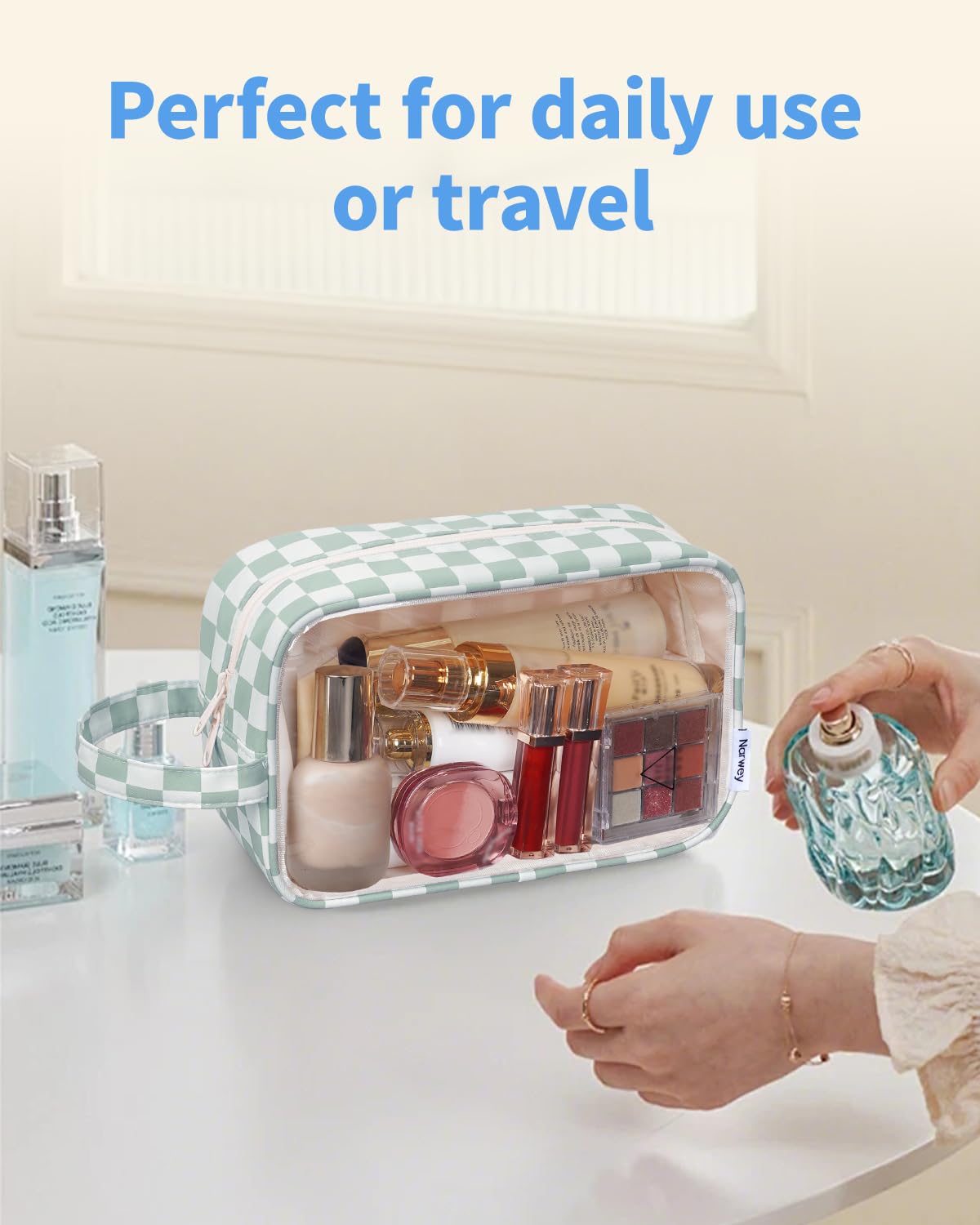 Narwey Clear Toiletry Bags for Traveling Women Men, Clear Travel Bags for Toiletries Makeup Bag Cosmetic Bag with Zipper, Make Up Organizer, Skincare Bag (Mint Green Checkerboard)