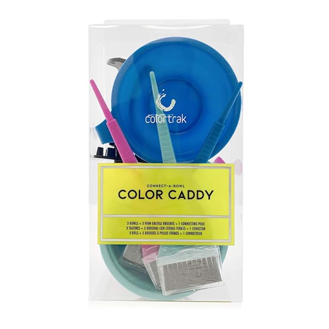 Colortrak Hair Dye Bowl Caddy, Includes Center Caddy Pole and Three Color Coded Bowls with Matching Brushes, Bowls Marked for Measurements, Bowls with Individual Handles