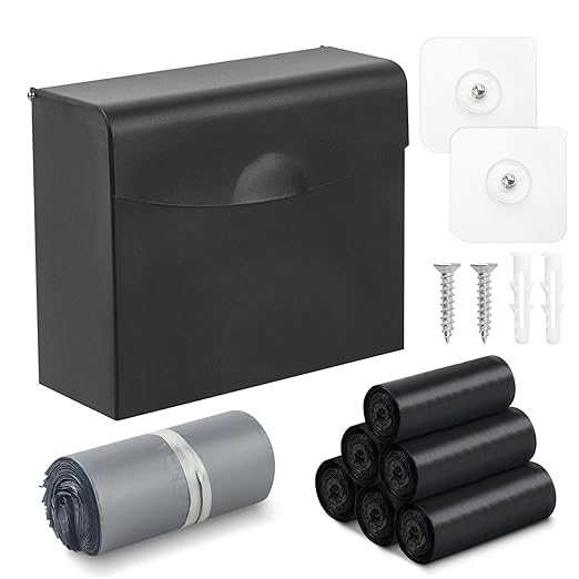 FAOEHN Sanitary Napkin Disposal Receptacle with Hygiene Disposal Bags and Trash Bag,9.4x7.8x3.5 inches Stainless Steel Wall Mounted Feminine Hygiene Disposal Trash Can Bin for Bathroom,Office (Black)