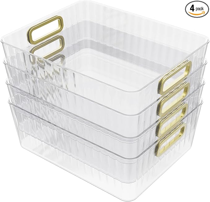 4 Packs Clear Plastic Storage Bins, Pantry, Home, Kitchen, Office, Cabinet, Shelf and Fridge Organizer Basket Bin with Handle