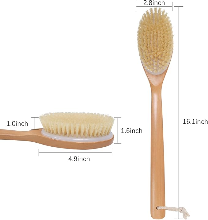 OWIIZI Bath Brushes with Soft and Natural Bristles Antiskid Wooden Long Handle Shower Body Scrubber for Wet or Dry Exfoliating,Back Scrub Deep Cleanse