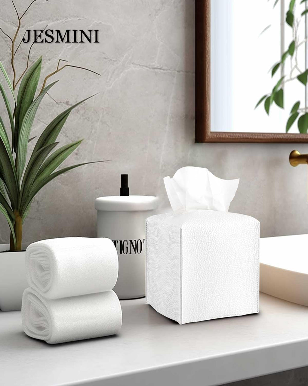 JESMINI Tissue Holder White Tissue Box Cover – Square Leather Tissue Cover Box with Bottom Belt, Decorative Tissue Box Holder for Modern Home Office Decor