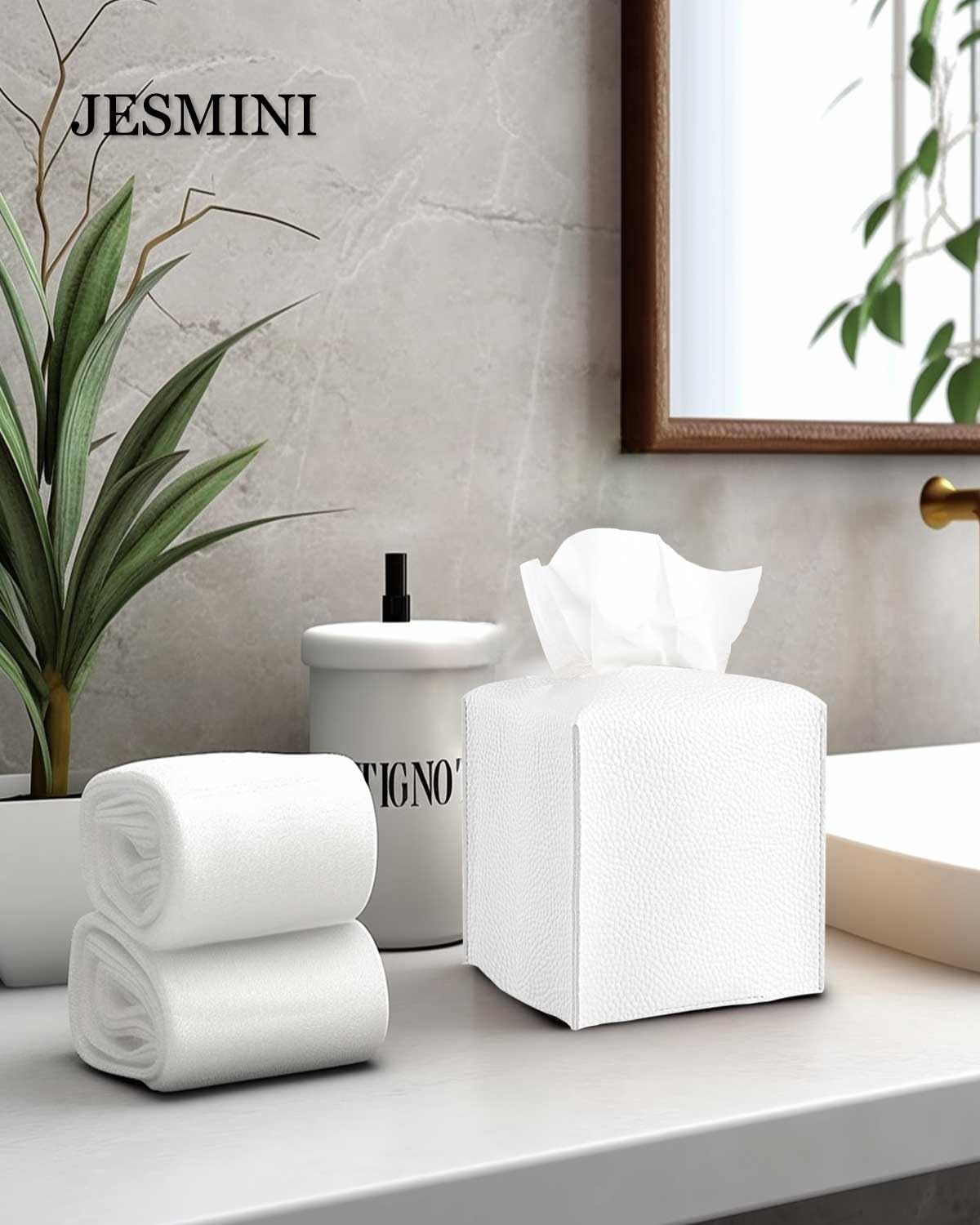 JESMINI Tissue Holder White Tissue Box Cover – Square Leather Tissue Cover Box with Bottom Belt, Decorative Tissue Box Holder for Modern Home Office Decor
