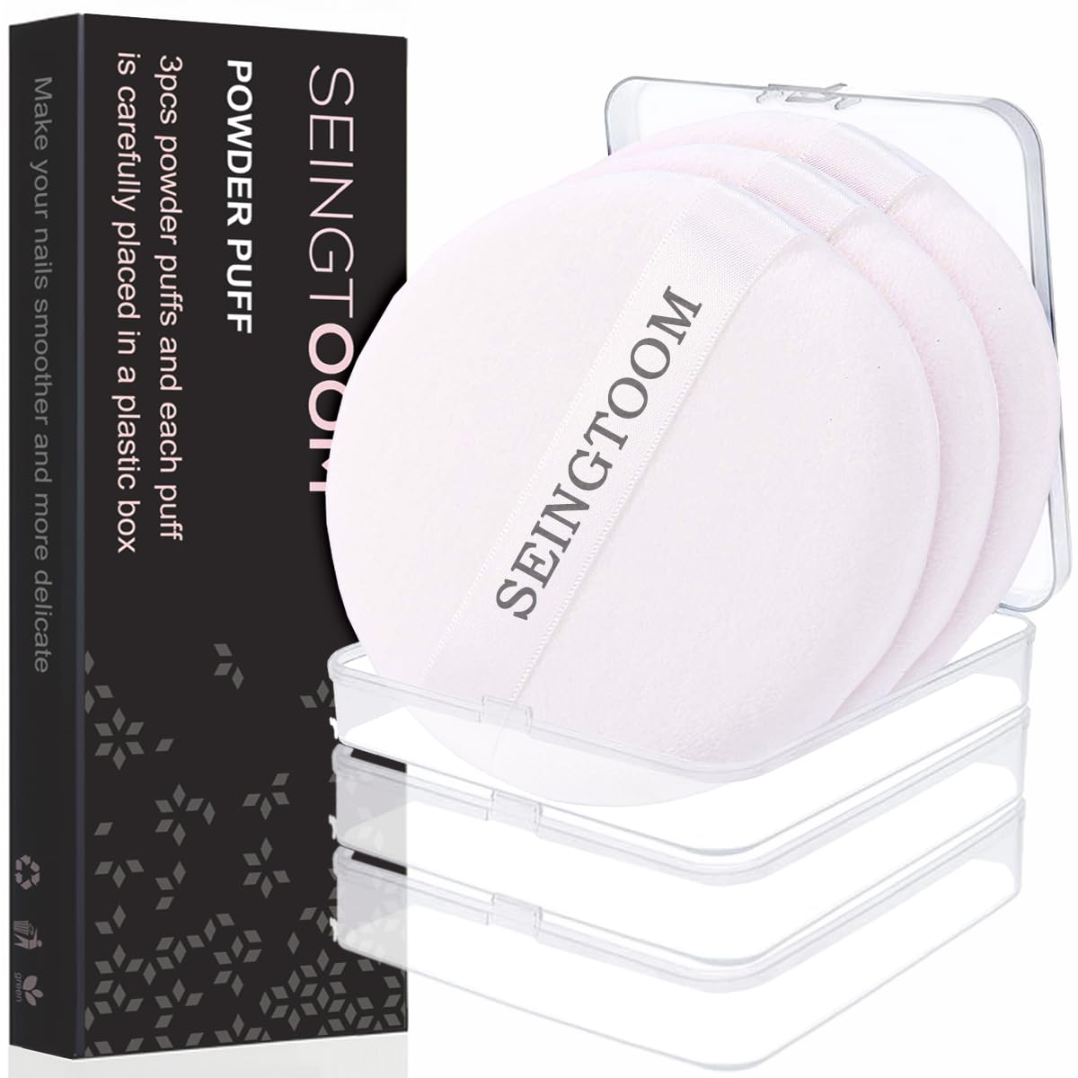 SEINGTOOM 3Pcs Large Powder Puff, 3.93 Inch Body Puff，Loose Soft Velour Body Powder Puff and Container White