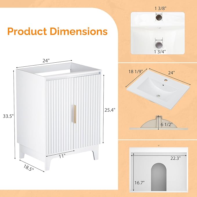 VINGLI 24 Inch Bathroom Vanity with Sink, Pure White Mid Century Modern Fluted Vanity Cabinet with Ceramic Basin, Small Free Standing Combo for Powder Room, Soft Close Doors, Gold Handles