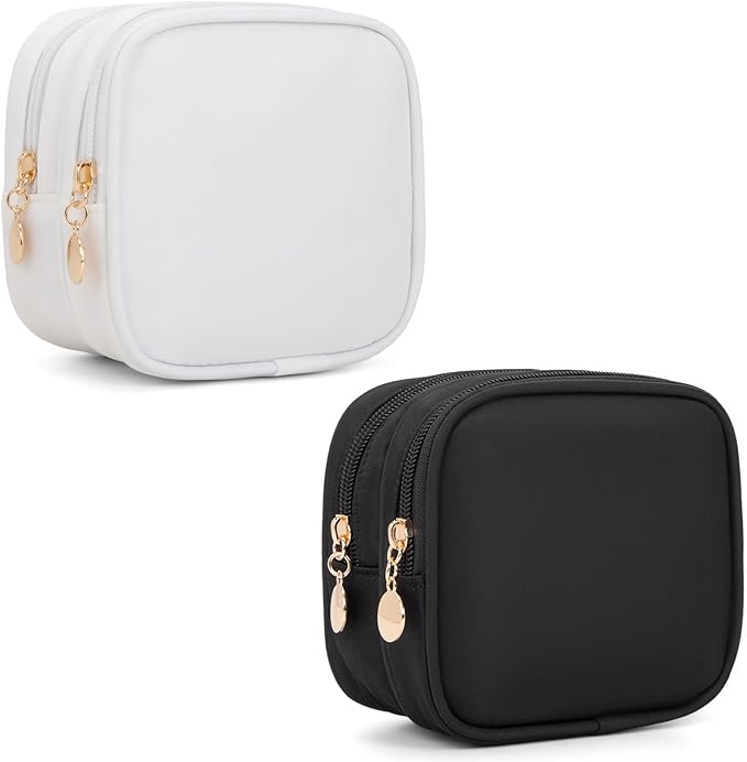 XIAOLER 2PCS Small Makeup Pouch, Double Zipper Cosmetic Bag, Travel Makeup Bag, Cute Makeup Bag for Purse, Mini Toiletry Bag (Black+White)