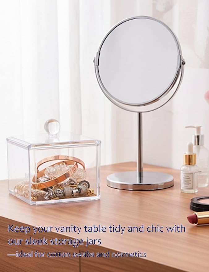 VIPTUVI Cotton Swab Holder with Clear Lid, Single Layer Plastic Apothecary Jar for Bathroom Vanity, Cotton Ball Container & Floss Pick Organizer, Dispenser for Hair Tie & Cotton Rounds.