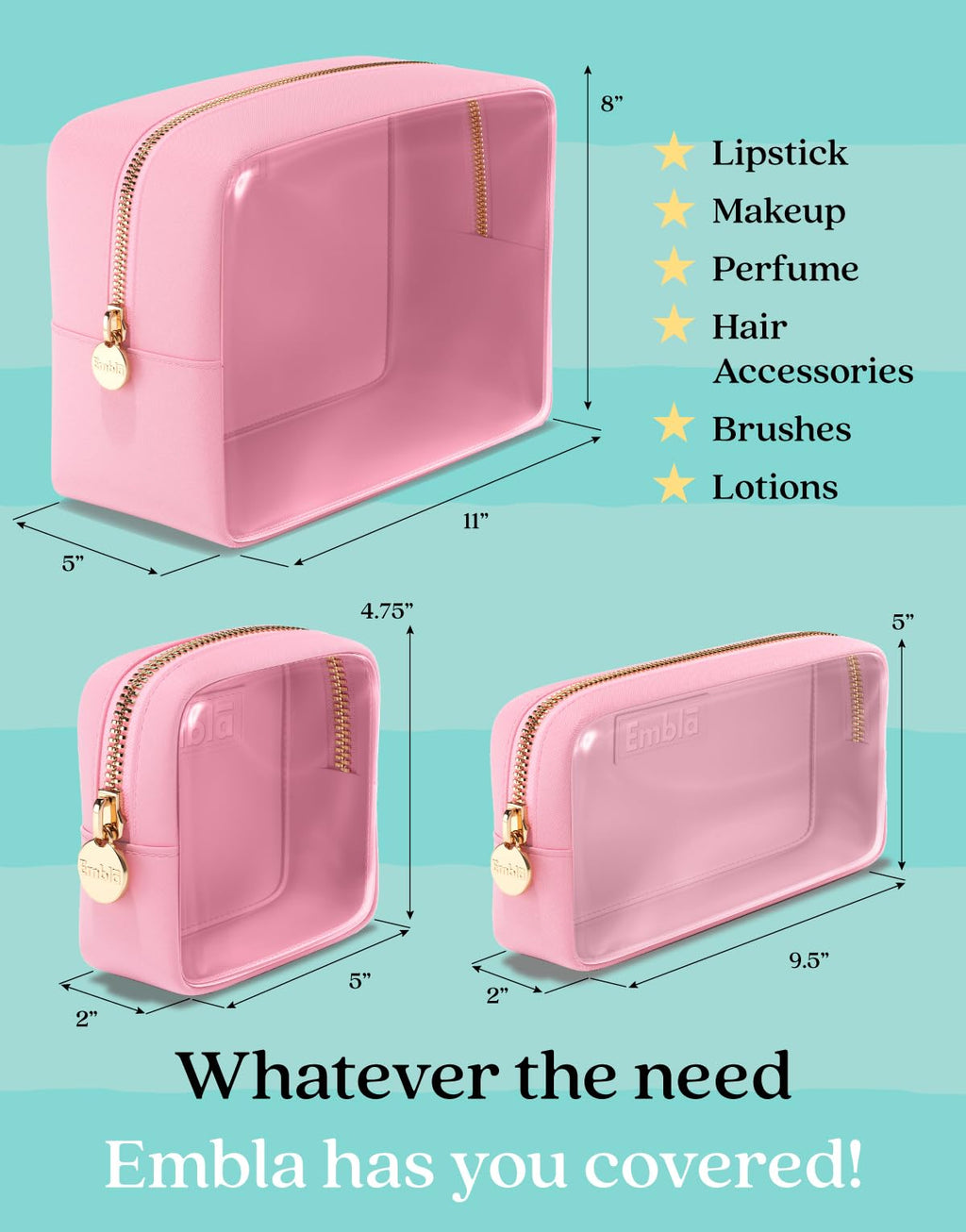 Makeup Bags for Women, 3 Bag Set, Travel Cosmetic Organizer, Toiletry Pouch