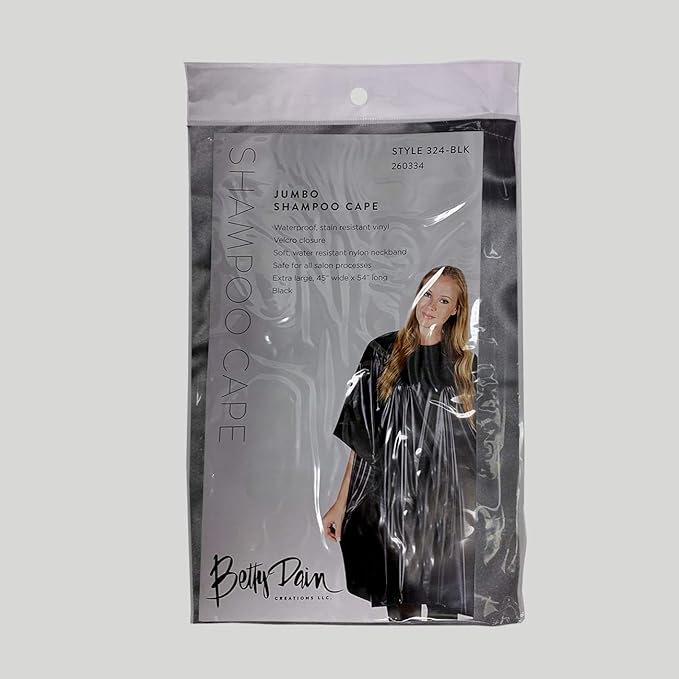 Betty Dain Jumbo Shampoo Cape, 45" W x 54" L, Waterproof and Stain-resistant Vinyl, Soft Nylon Neckband, Touch-and-close Fastener, Machine Washable, Black