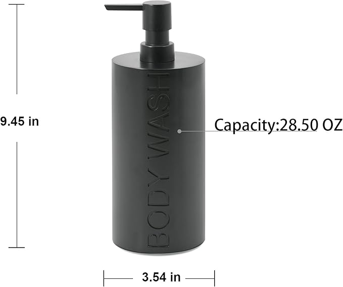 Indecor Home Matte Black Body Wash Dispenser Luxurious Refillable Pump Bottle with Embossed Text, Durable Construction for Bathroom and Shower