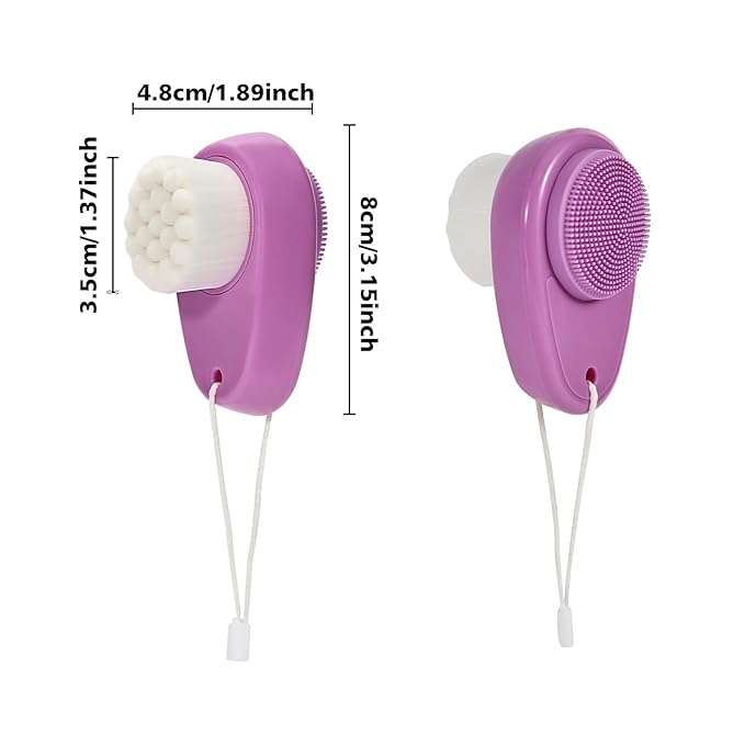 Facial Cleansing Brush 2 Pack, 2 in 1 Silicone Face Scrubber for Men Exfoliating Pore Deep Cleansing, Dual Sided Face Wash Brush with Soft Bamboo Charcoal Microfiber and Lid for Women, Purple