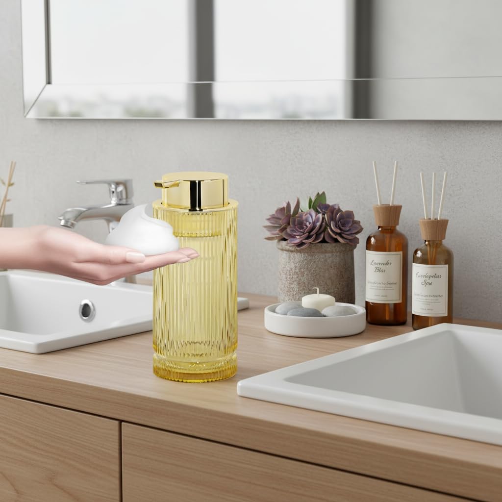 Tonxus 14 Oz Foaming Soap Dispenser, Amber Glass Soap Dispenser, Refillable Foam Pump Bottle Lotion Container with Gold Pump, Decorative Slim Ribbed Bottle for Bathroom and Kitchen Decor