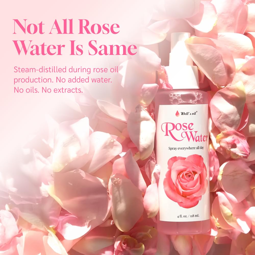 Well's Oil Rosewater Face & Hair Mist Spray (2 fl oz / 59 mL) | 4-Pack | Floral Rosewater Hydrosol | Alcohol-Free