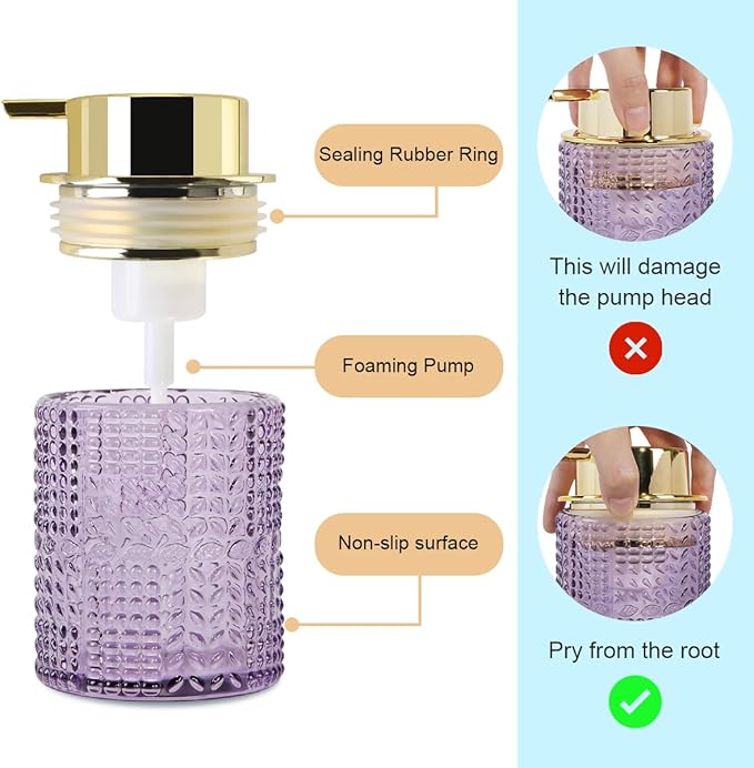 Fvstar Foaming Soap Dispenser, 2pcs Purple Glass Foam Soap Dispenser with Gold Pump, Refillable 10oz Lotion Liquid Container Pump Bottle for Bathroom Kitchen Countertop