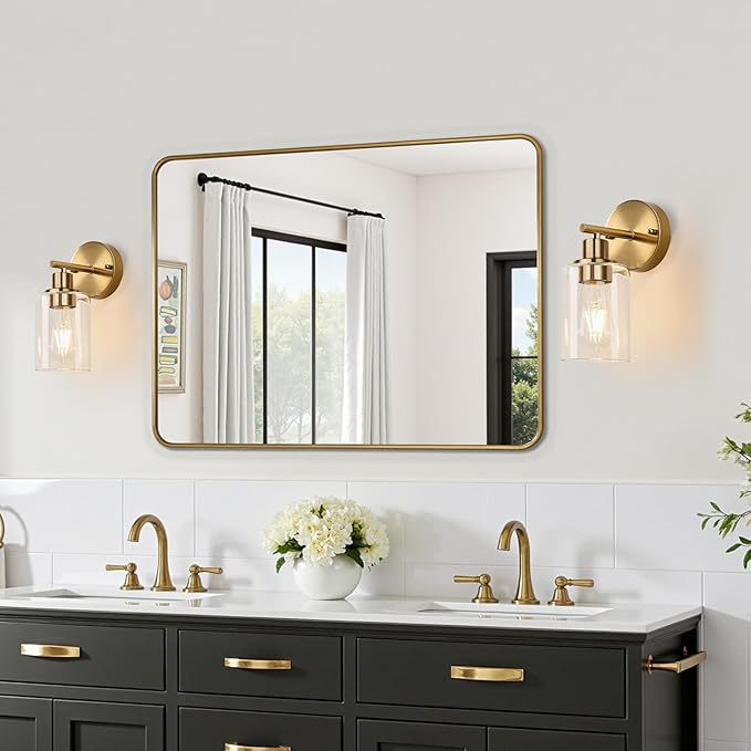 Zarbitta Set of 2 Wall Sconces for Bathroom, Brushed Gold Modern Vanity Lights with Clear Glass Shade,Bathroom Wall Lamp for Mirror Kitchen Living Room Hallway Cabinet Porch