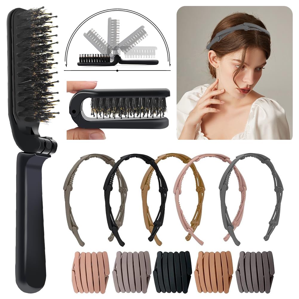 Aozzy 6Pcs Travel Boar Bristle Folding Hair Brush with Retractable Band for Thin/Thick Hair, Mini Brush for Women's Hairstyles, Men's Hair & Beard - Great for Purse/Pocket