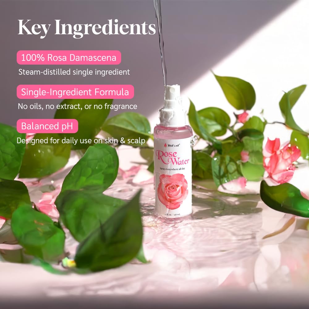 Well's Oil Rosewater Face & Hair Mist Spray (2 fl oz / 59 mL) | 4-Pack | Floral Rosewater Hydrosol | Alcohol-Free