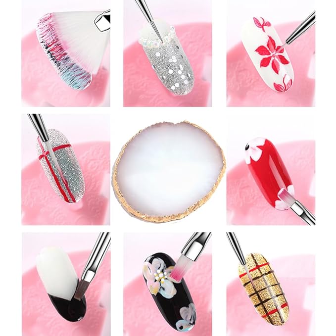 24 Pieces Nail Art Tools Kit Resin Nail Art Palette Acrylic Silicone Engraving Pen Dotting Pen Mixing Palette Detail Brushes Tools for Nail Art DIY Home Salon Makeup Display (White)