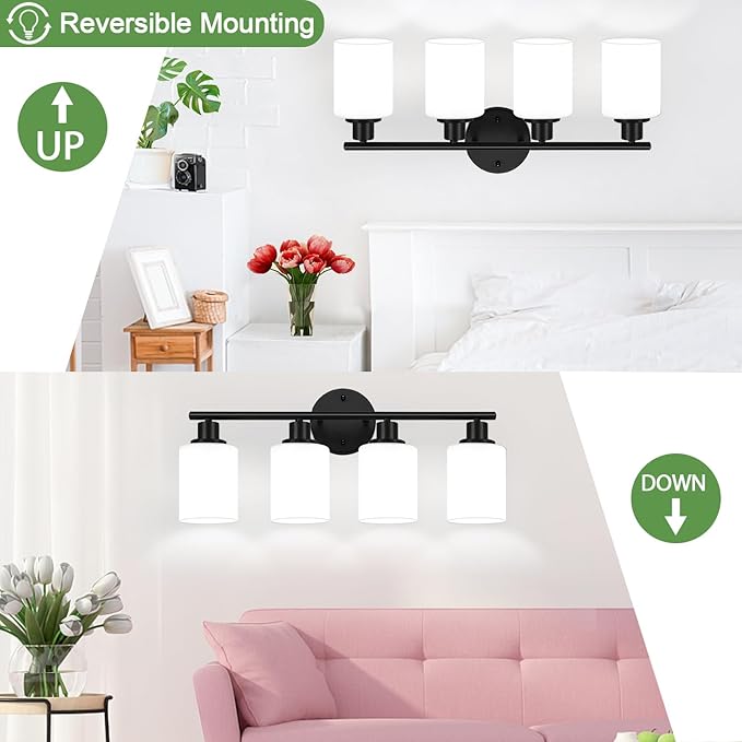 Zarbitta 4-Light Bathroom Light Fixtures, Black Modern Vanity Lights with Milky White Frosted Glass Shades, Bathroom Wall Lamp for Mirror Kitchen Living Room