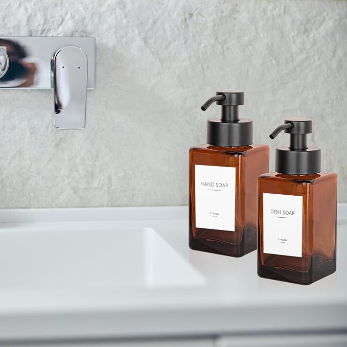 Foaming Soap Dispenser with Stainless Steel Pump, 12oz Refillable Glass Liquid Dish Soap Bottles for Bathroom, Kitchen Sink, Home Decor, 2 Pack