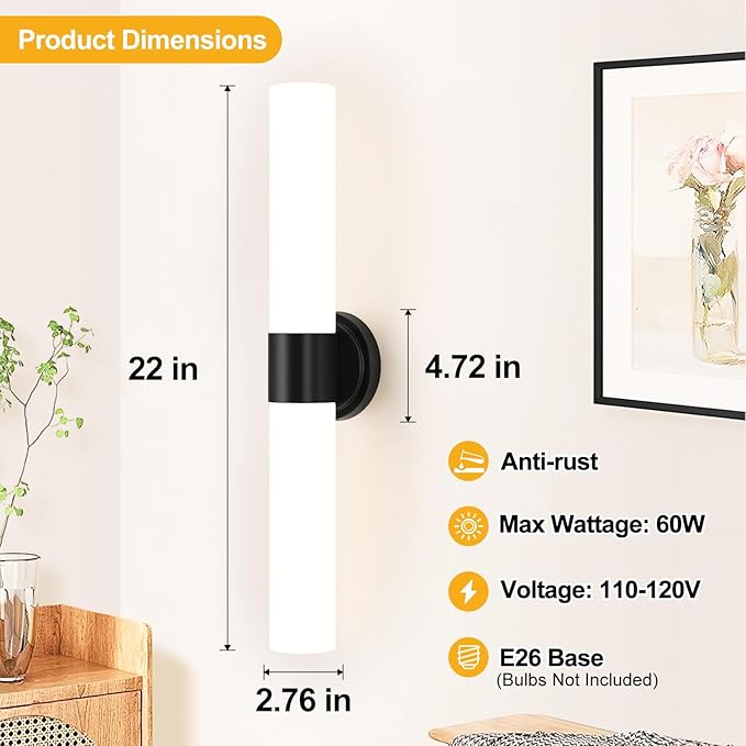 Wall Sconces Set of Two, Modern Bathroom Sconces Wall Lighting with Milky White Glass, Matte Black Sconces Wall Decor Set of 2 for Bathroom Mirror Bedroom Living Room Hallway