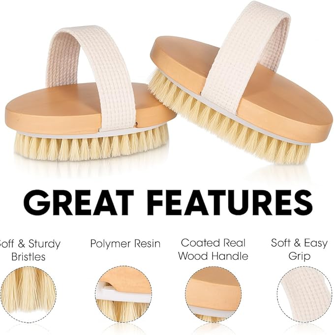 OPAZ Dry Body Brush 2 Pack, Natural Boar Bristle Exfoliating Brush