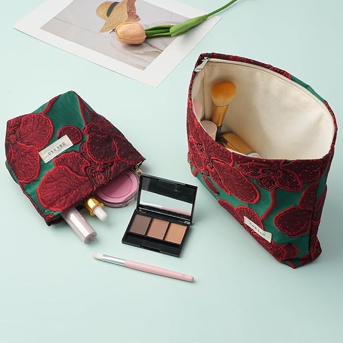 BOCGRPU 2 Pcs Makeup Bags for Purse, Large Cute Cosmetic Bag Travel Toiletry Bag Organizer for Women, Embroidery Craft Floral Makeup Bag Small Cosmetic Pouch Purse with Zipper (Elegant Red Flower)