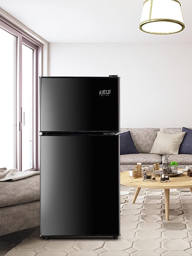 KRIB BLING Refrigerator 3.5 Cu.Ft with Freezer,Vintage Double Door,Lock Fresh,7 Level Adjustable Thermostat ct for Dorm, Bar, Office,Kitchen, Apartment，Black