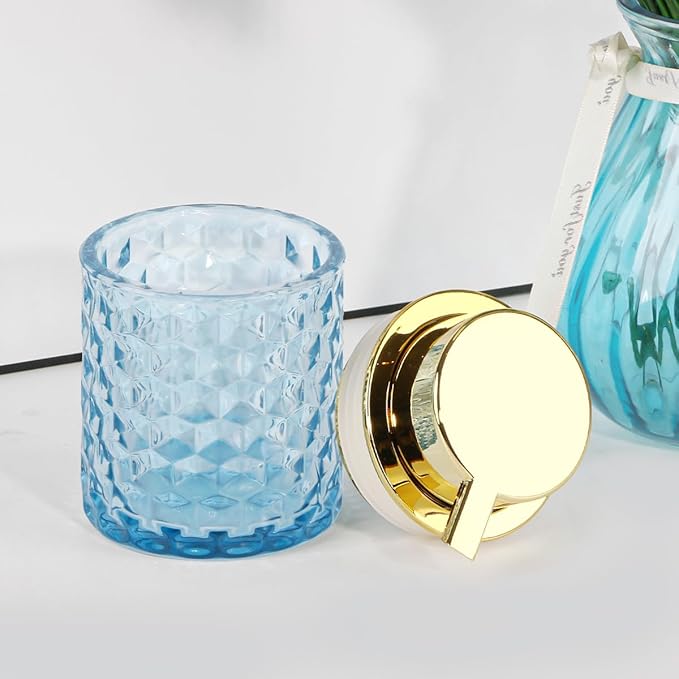 Fvstar 10 Oz Glass Hand Soap Dispenser with Pump, Refillable Bathroom Gold Foaming Soap Dispenser, Vintage Glass Diamond Lotion Container Bottle for Bathroom and Kitchen (2, Blue and Gold)