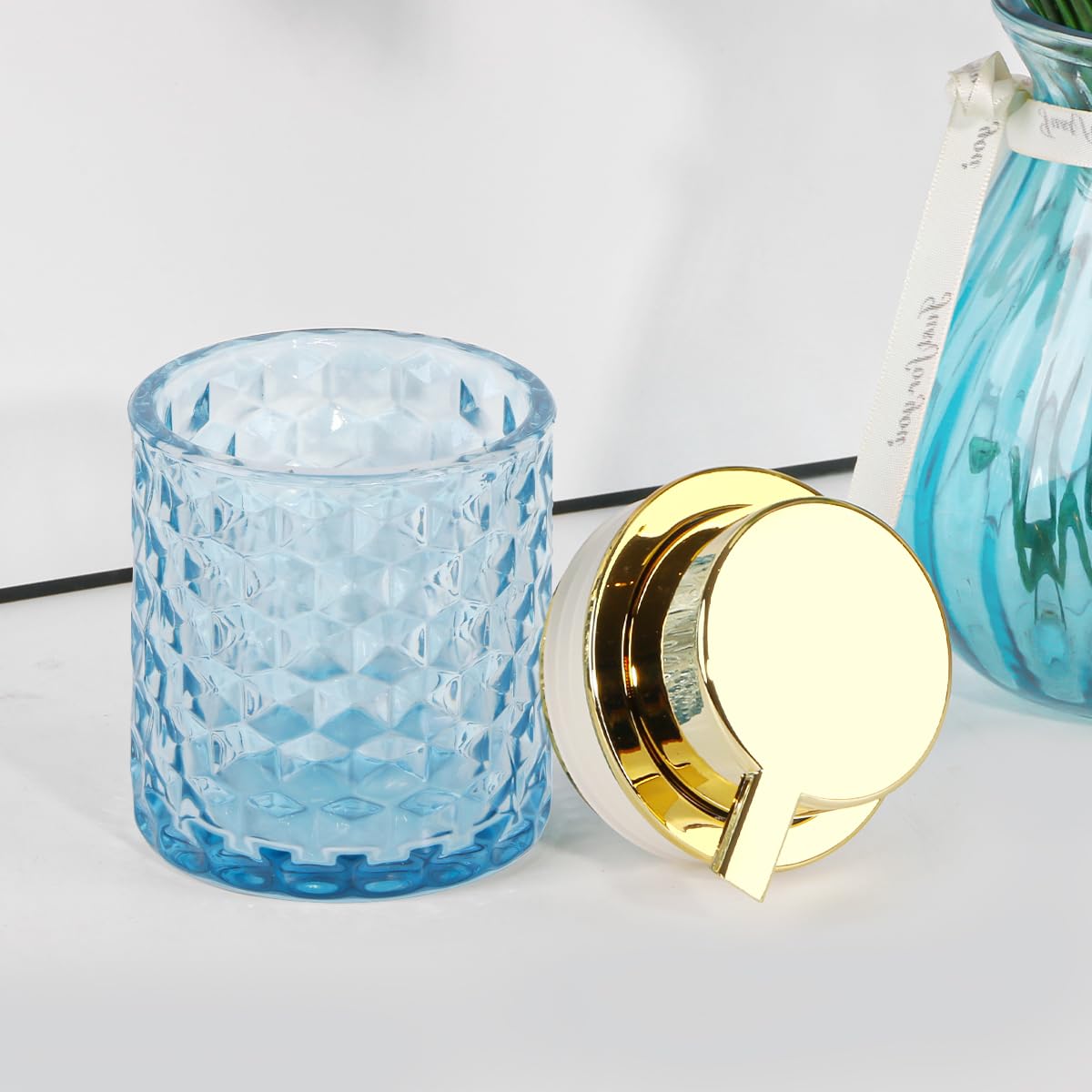 Fvstar 10 Oz Glass Hand Soap Dispenser with Pump, Refillable Bathroom Gold Foaming Soap Dispenser, Vintage Glass Diamond Lotion Container Bottle for Bathroom and Kitchen (2, Blue and Gold)