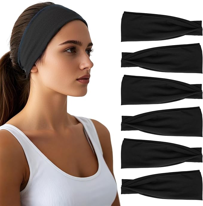 Headbands for Women - 6 Pack Wide Elastic Hairbands | Ultra-Soft Moisture Wicking Sports Headband | Non-Slip Accessories Bands for Fashion, Workouts, Yoga, Daily Use (6 Pack Black)