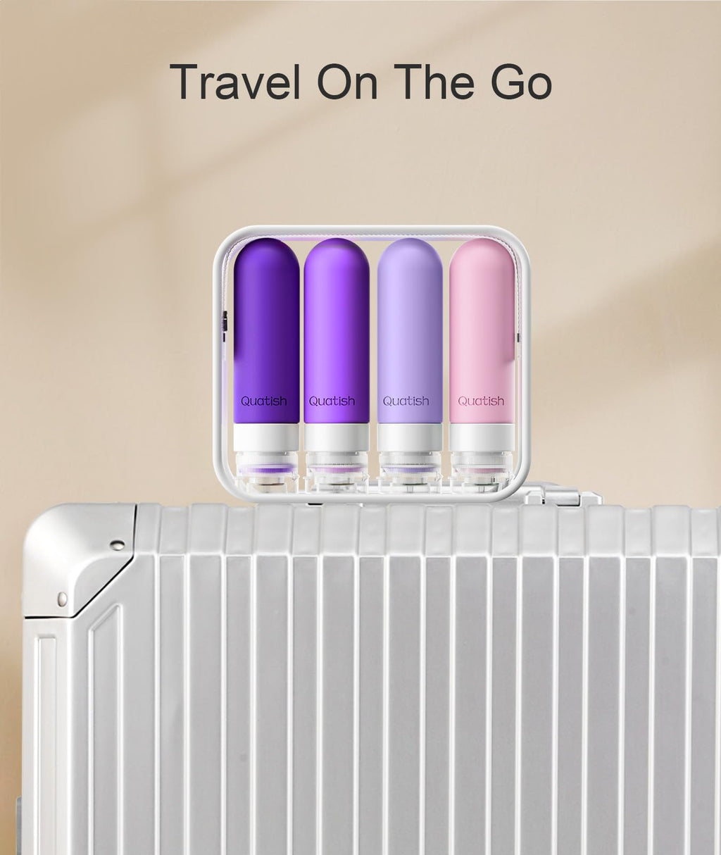 Quatish Travel Bottles for Toiletries, Original Patented Leak Proof Travel Size Containers, 3 oz Tsa Approved Silicone Shampoo and Conditioner Bottles, 4 Pack,，Purple