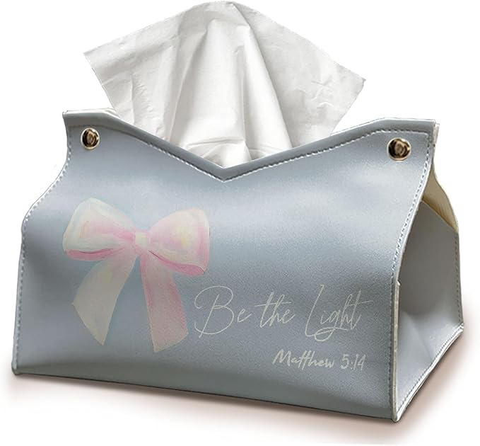 Blue Pink Bows Tissue Box Cover Rectangle, Christian Decorative Facial Tissues Boxes for Living Room Desk, Bible Be The Light PU Leather Tissue Holder for Bathroom Kitchen 9.8x5.9x5.9