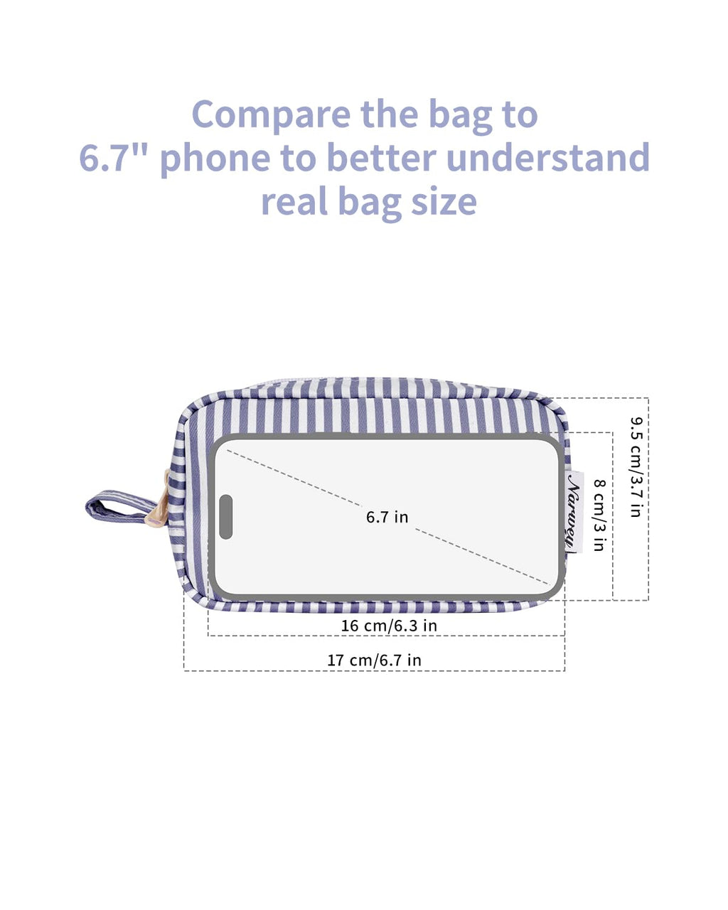 Narwey Small Makeup Bag for Purse Travel Makeup Pouch Mini Cosmetic Bag Zipper Pouch for Women (Greyish Blue Stripe, Small)