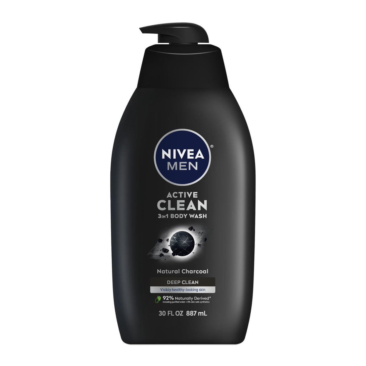 NIVEA MEN Active Clean 3-in-1 Body Wash with Natural Charcoal, 30 FL OZ