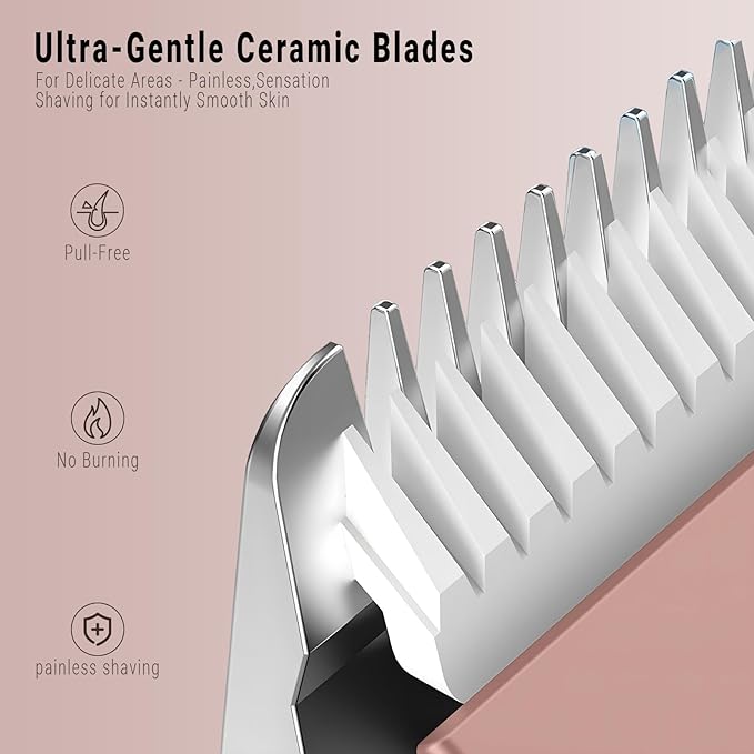 2-in-1 Bikini Trimmer for Women, Bikini Shaver with Dual Heads, Body and Facial Hair Removal, Rechargeable Cordless Electric Razors for Face Chin Pubic Underarm Legs, IPX7 Waterproof, Pink
