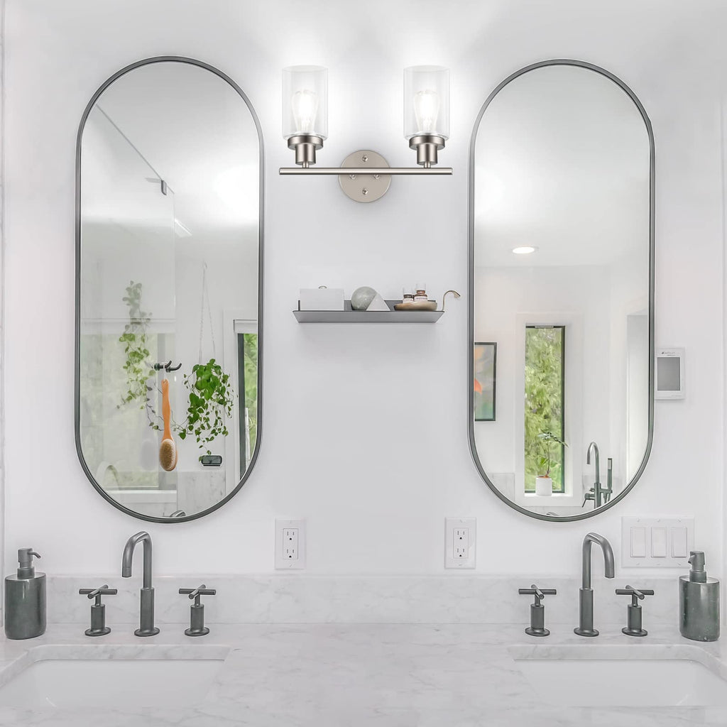 Unicozin 2 Light Vanity Lights, Brushed Nickel Wall Sconce Light with Clear Glass, Bathroom Light Fixtures, Wall Lights for Mirror, Living Room, Bedroom, Hallway, E26 Base (Bulbs Not Included)