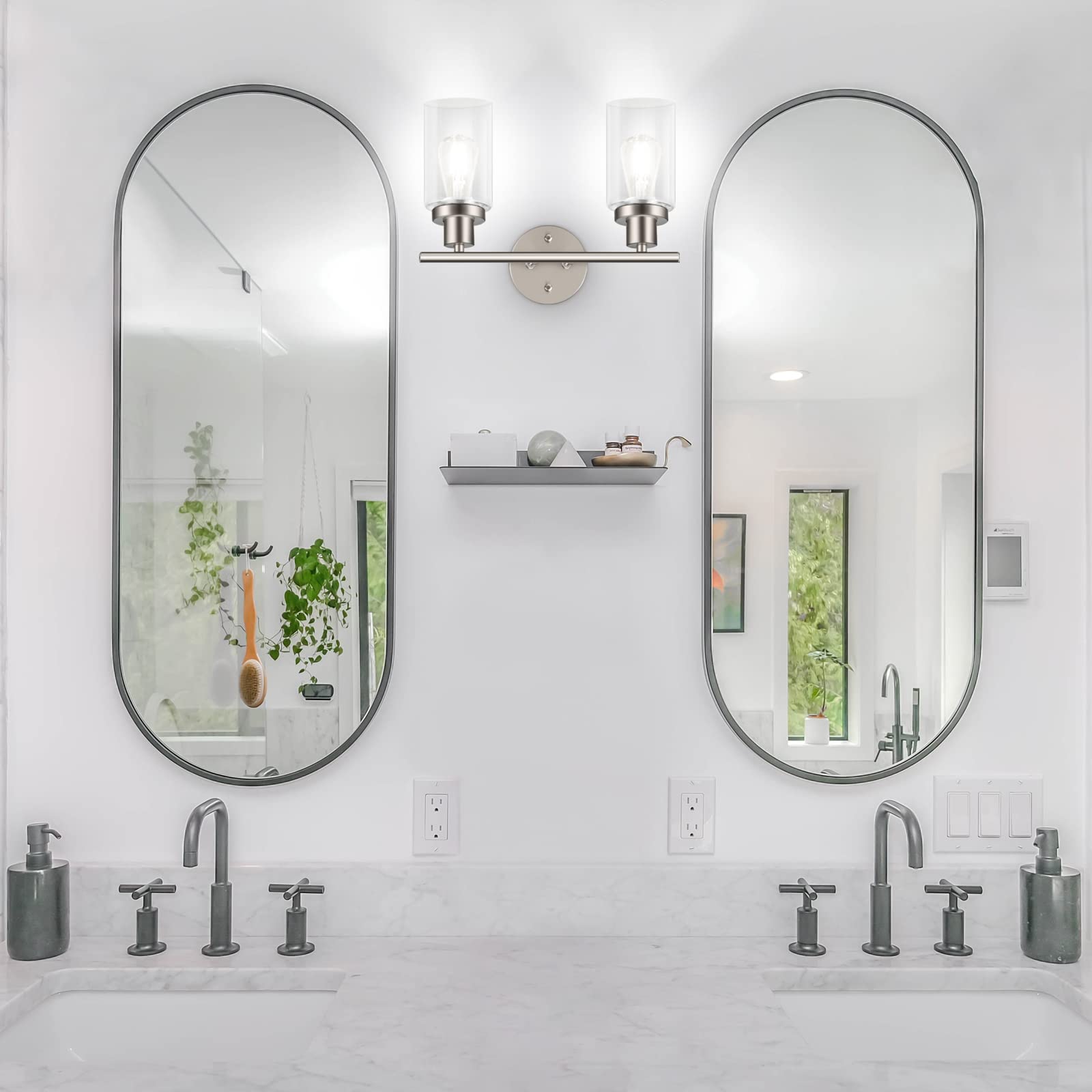 Unicozin 2 Light Vanity Lights, Brushed Nickel Wall Sconce Light with Clear Glass, Bathroom Light Fixtures, Wall Lights for Mirror, Living Room, Bedroom, Hallway, E26 Base (Bulbs Not Included)