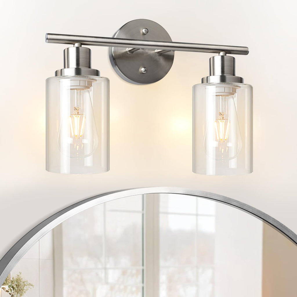 Unicozin 2 Light Vanity Lights, Brushed Nickel Wall Sconce Light with Clear Glass, Bathroom Light Fixtures, Wall Lights for Mirror, Living Room, Bedroom, Hallway, E26 Base (Bulbs Not Included)