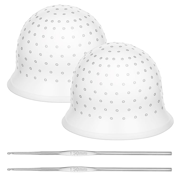 LIQWEI 2 Pcs Highlight Cap and Hook, White Silicone Reusable Highlighting Cap with 4.72 Inch Hook for Hair Coloring, Dyeing & Staining, Salon & Home Use (8.66 Inch Diameter)
