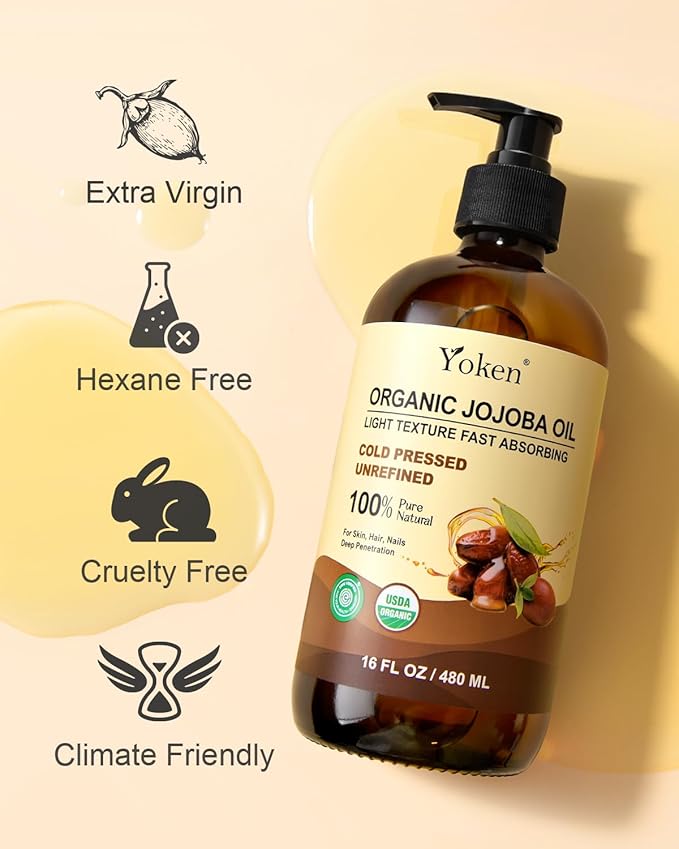 Yoken Organic Jojoba Oil Glass Bottle 16oz, USDA Certified for Skin Care