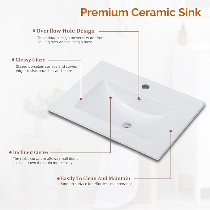 VINGLI 24 Inch Bathroom Vanity with Sink, Mid-Century Modern Vanity with Ceramic Basin and Fluted Soft-Close Doors, U-Shape Storage Shelf,Free Standing Small Bathroom Sink Cabinet Combo Set,Walnut