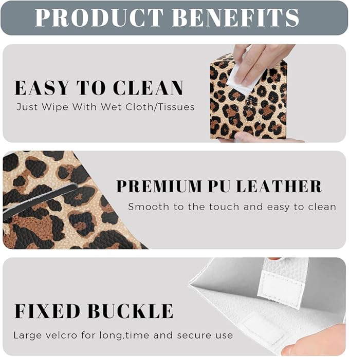 Leopard Print Tissue Box Cover Cute Animal Brown Black Leather Tissue Box Holder Square Facial Paper Organizer Dispenser for Bathroom Kitchen Bedroom Vanity Countertop Night Stands